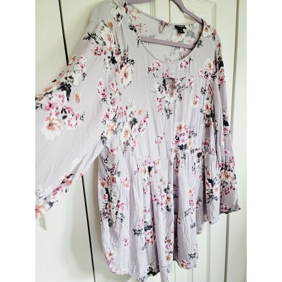 Torrid 2 Floral Baby Doll Tunic Top Keyhole Long Sleeve Blouse Flowy Pale Purple - Picture 3 of 7
